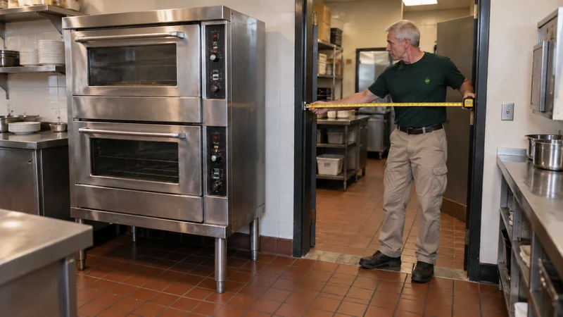 Present extraction route governs the carry A mover measures the current kitchen exit beside a stationary commercial oven and fixed counter