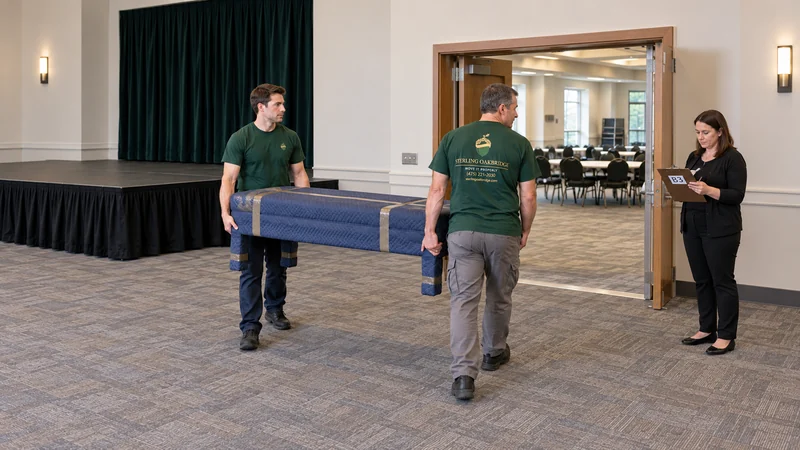 Temporary placement has a planned return A two-person crew carries protected event furnishings while the receiver checks their assigned position