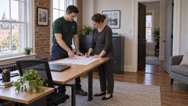 Coordinate the receiving layout A mover and business coordinator check one current destination layout in a restored office