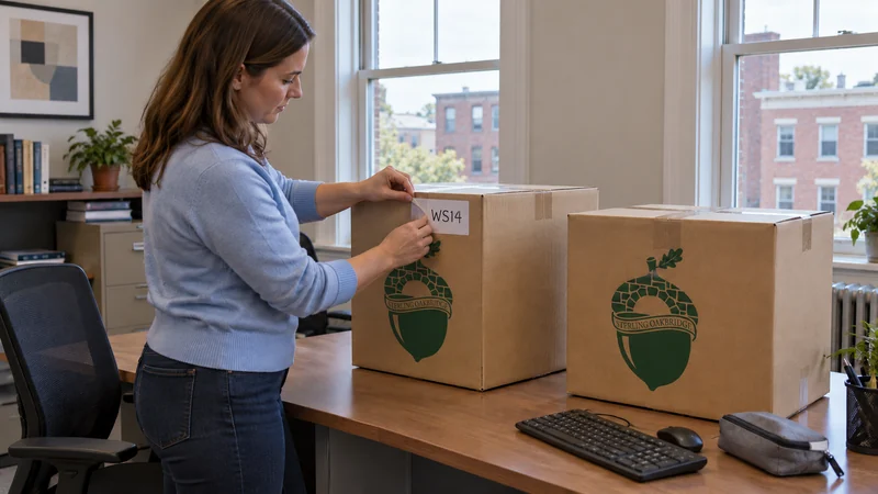 Employee destination labeling An office employee labels sealed personal desk cartons for the receiving workstation