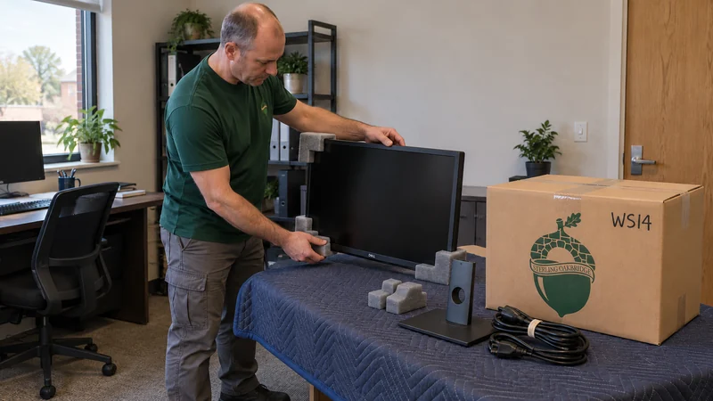 Equipment and accessories remain identifiable A mover protects a powered-off monitor while its detached accessories remain grouped for the same workstation