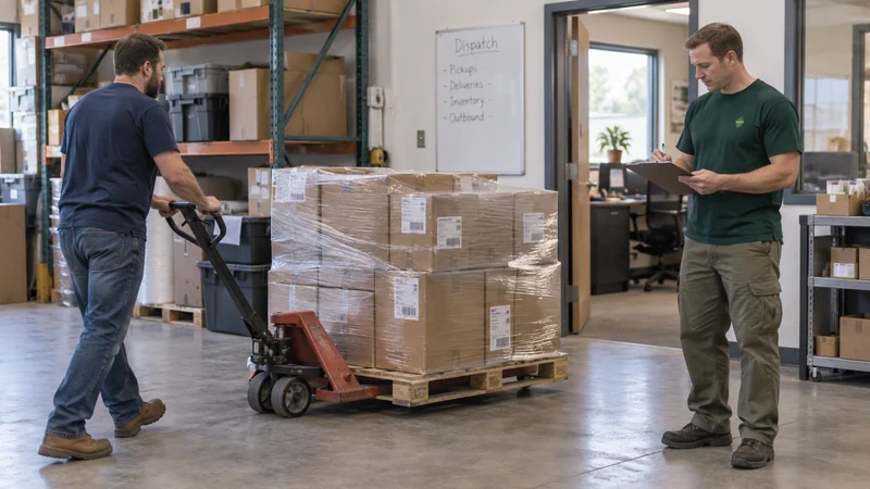 Customer loads suitable palletized stock A customer employee moves a wrapped pallet with a pallet jack while the driver checks the inventory
