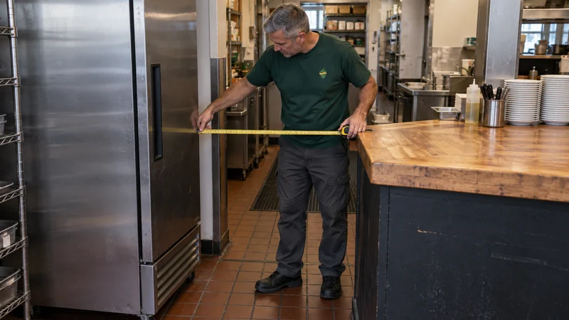 Present extraction route governs the carry A mover checks whether a restaurant refrigerator can turn past a later fixed service counter