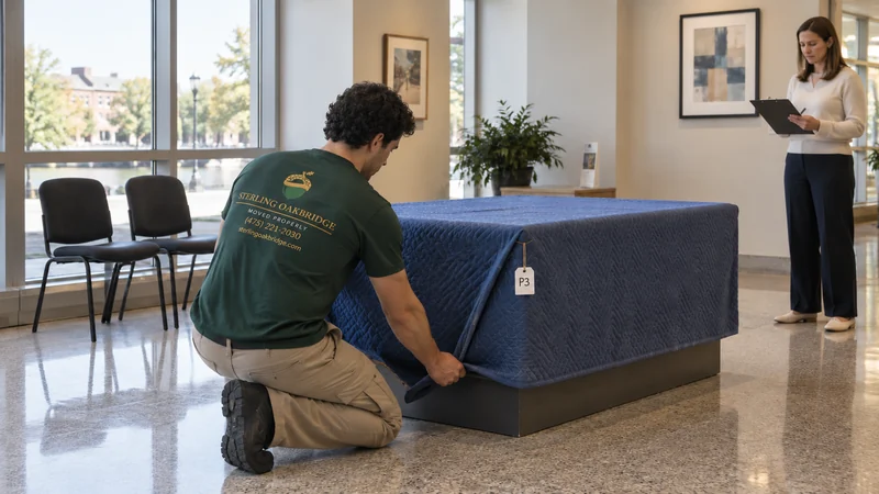Temporary placement has a planned return An event organizer checks a return layout while a mover prepares a numbered furnishing for temporary clearance