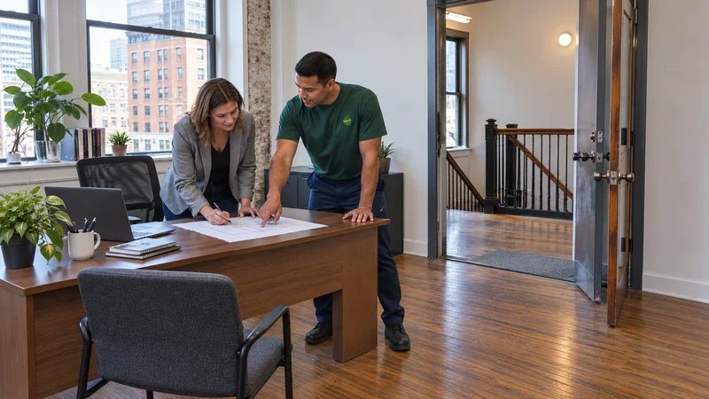 Coordinate the receiving layout A mover and office coordinator align a receiving layout with an upper-floor carrying route