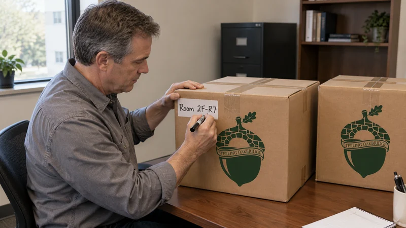 Employee destination labeling An employee labels sealed desk cartons for receiving room 2F-R7