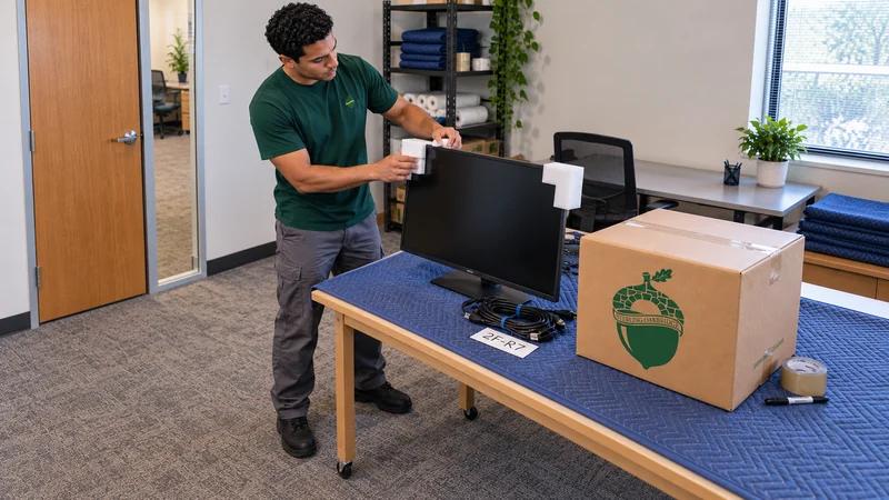 Equipment and accessories remain identifiable A mover fits protection to a supported powered-off monitor with its matching accessories identified