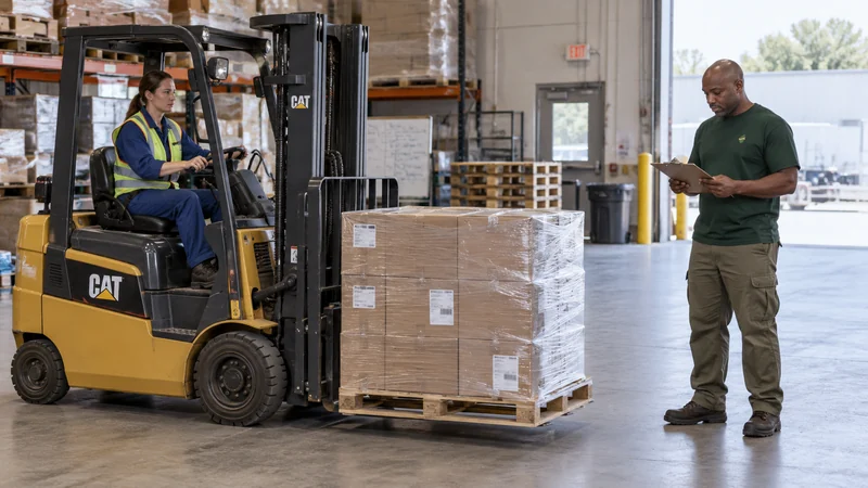 Customer loads suitable palletized stock A customer forklift operator supports a low prepared pallet while the driver checks the inventory