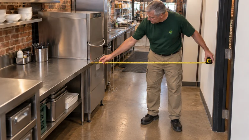 Present extraction route governs the carry A mover measures a kitchen passage beside a fixed counter and stationary commercial dishwasher