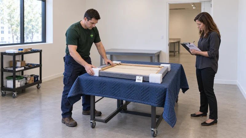Temporary placement has a planned return A mover protects an authorized framed item while its owner checks the release inventory