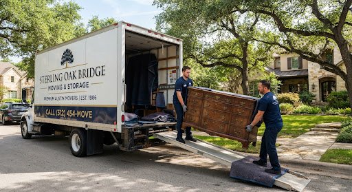 A Sterling Oakbridge crew loading an antique dresser into the truck