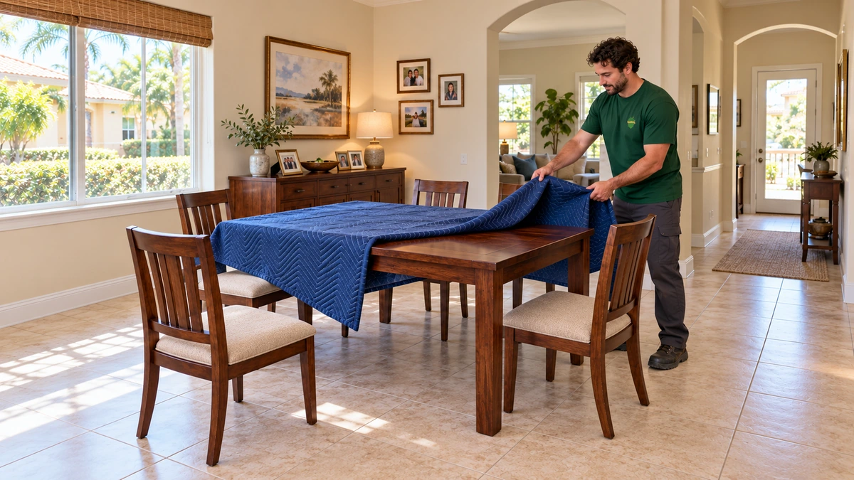 Uncovering furniture after delivery A Sterling Oakbridge mover lifts a loose blue blanket from a wooden dining table beside four matching chairs in a furnished Florida home.