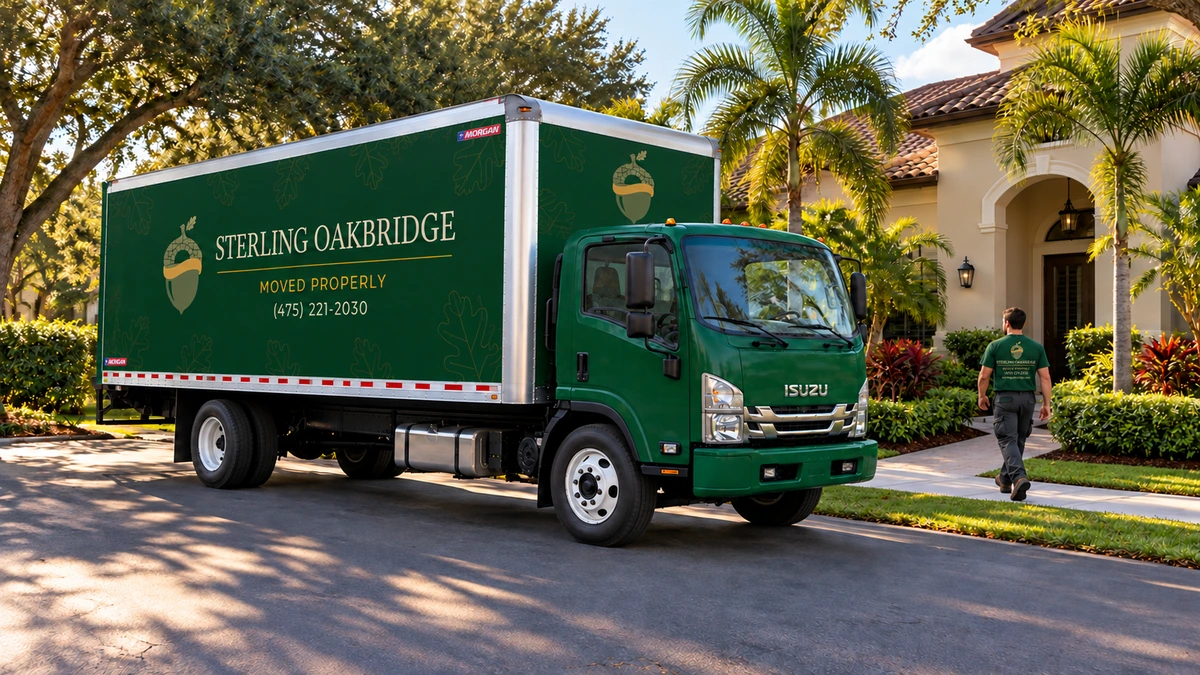 From the truck to the front door A Sterling Oakbridge mover walks toward a Florida home on the separate path beside a green rigid moving truck.