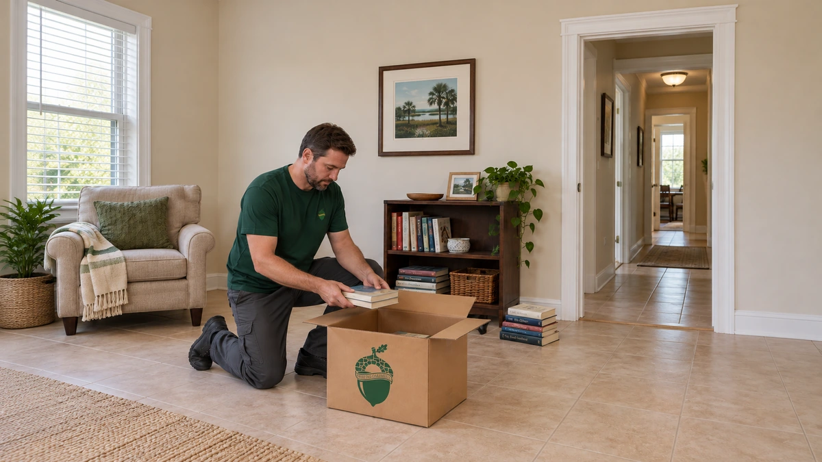 Packing books for the move A kneeling Sterling Oakbridge mover places two thin books into a small floor-supported carton in a furnished home.