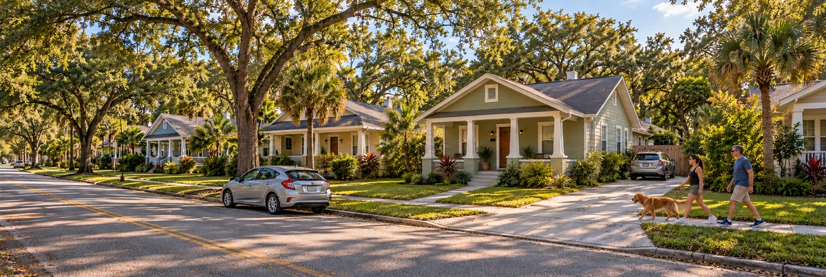 A walk through a Florida neighborhood Two neighbors walk their dog along the sidewalk beside Florida bungalow homes, parallel to the curb; parked cars and a separate connected driveway remain visible.