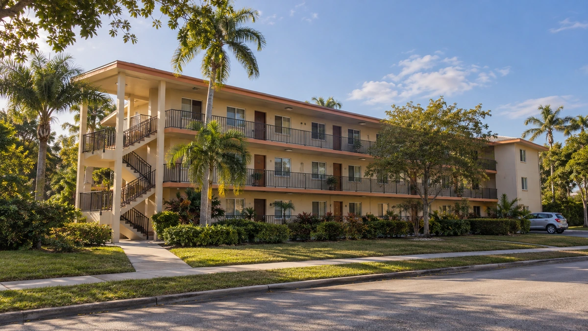 Apartments in Fort Lauderdale A Fort Lauderdale low-rise apartment building has outside access galleries, a complete end staircase and a car parked clear of the approach.