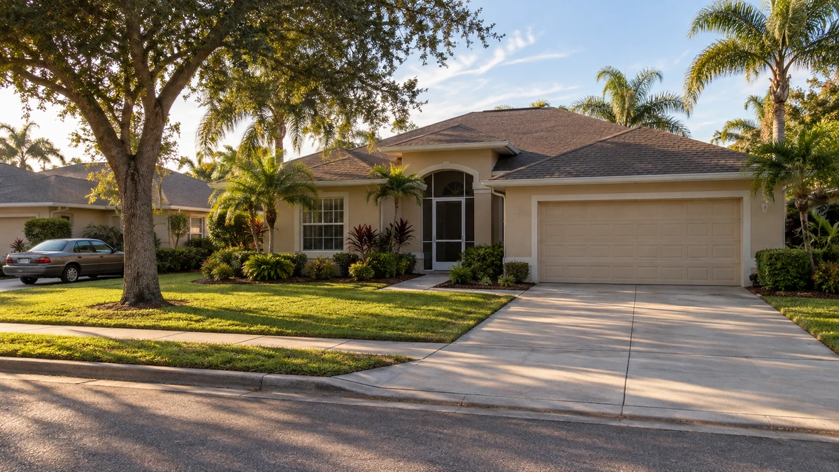 A home in Fort Myers A Fort Myers stucco ranch has a screened front entrance, a narrow front path and a separate garage driveway.