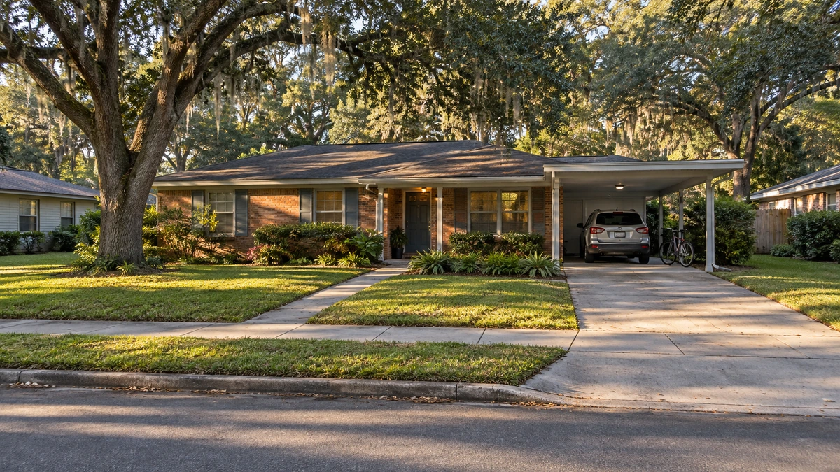 A Gainesville home with a carport A Gainesville brick ranch has a covered entrance, a separate front walk and a carport containing a family vehicle and bicycle.