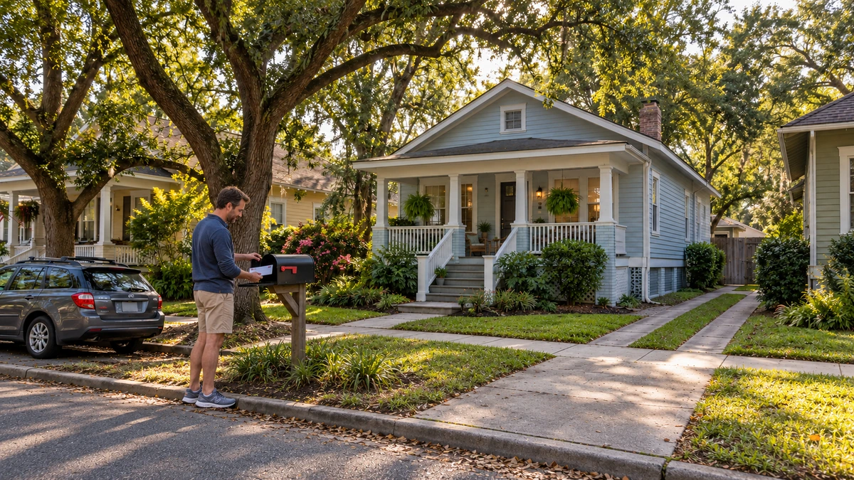Checking the mail in Jacksonville A resident retrieves an envelope from a curbside mailbox outside a raised blue Jacksonville bungalow, with a station wagon in the side drive.