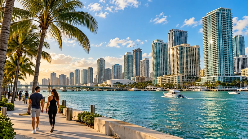 Miami’s waterfront Palm-lined waterfront promenade with walking residents, blue bay water and a dense Miami-style high-rise skyline.