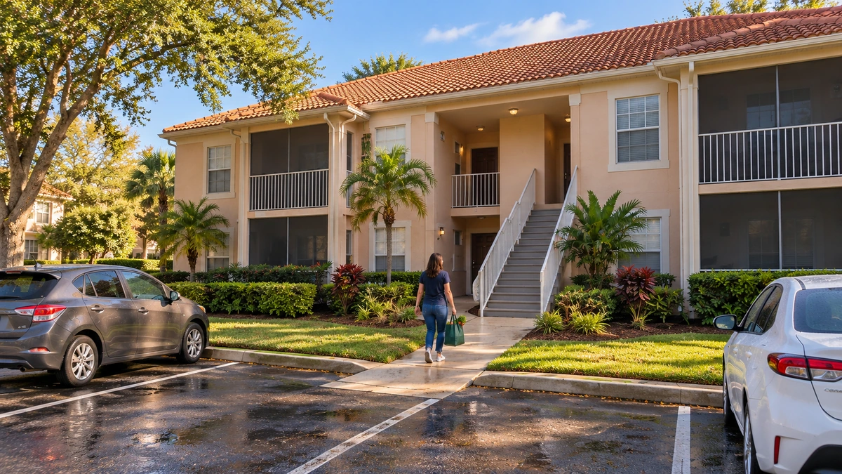 Home from the shops in Orlando A resident with groceries approaches the complete outside stair of an Orlando garden condominium from its parking court.