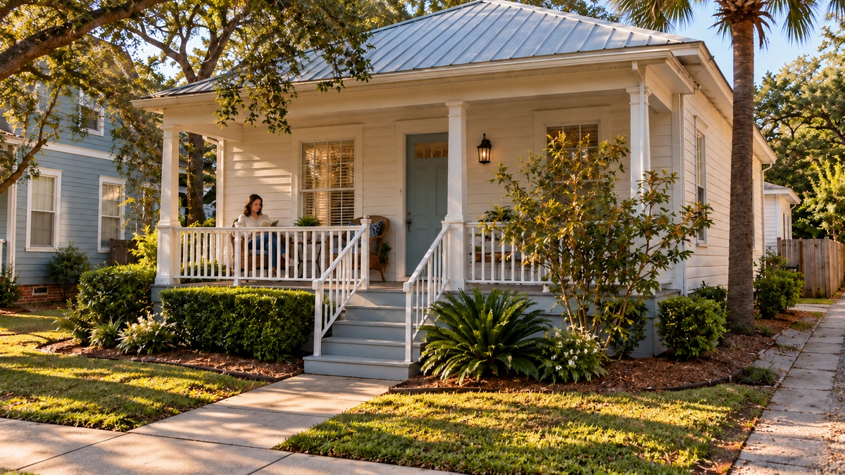 An afternoon on a Pensacola porch A woman reads a book behind the continuous white railing of a raised Pensacola cottage porch beside its open main stair.