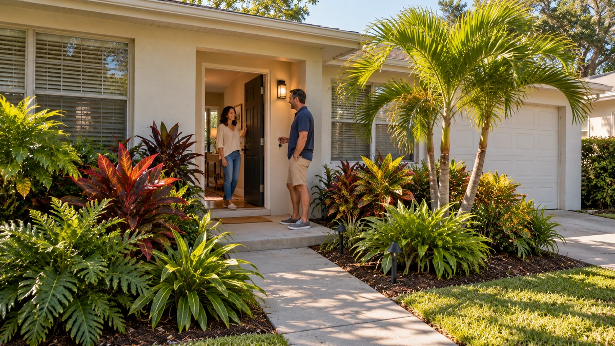 A conversation at the front door Two residents speak across an open recessed doorway of a low Sarasota stucco home, with the front walk beside the garage.