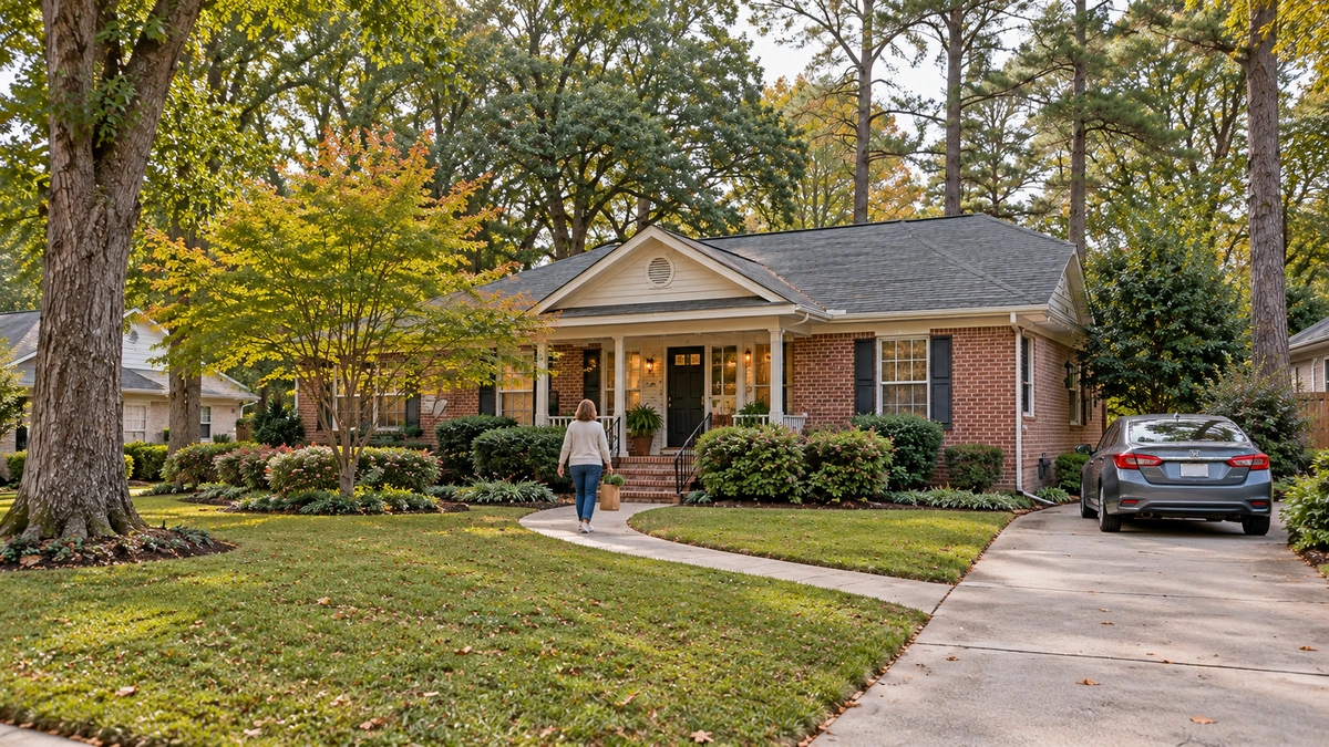 A quiet Tallahassee neighborhood A resident carries a grocery bag along the curved approach to a brick Tallahassee ranch, with a sedan parked on the drive.