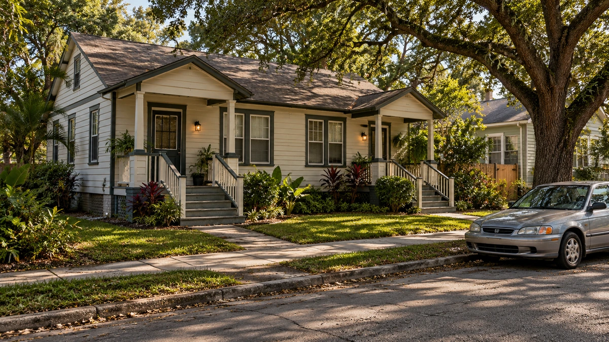 A Tampa duplex beneath the oaks A wood-sided Tampa duplex has two separate porches and short front stairs beneath mature shade trees.