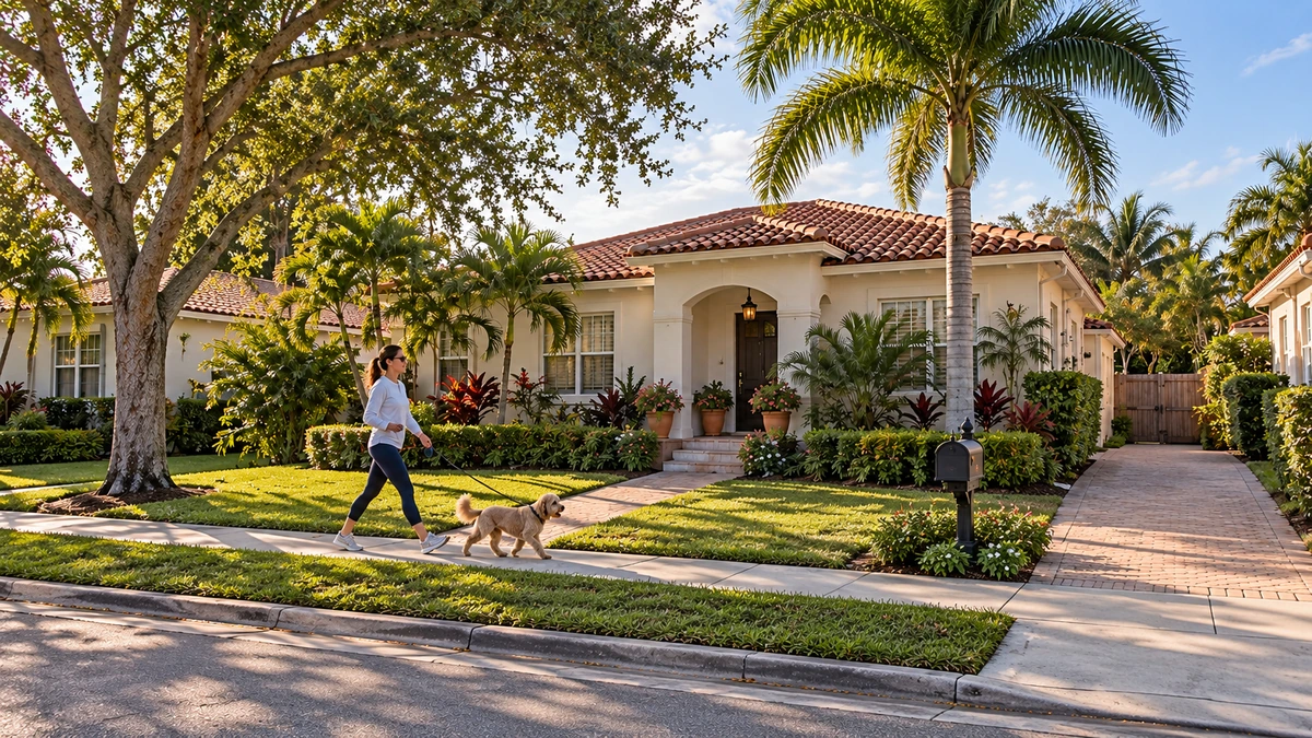 A dog walk in West Palm Beach A resident walks a small dog along the sidewalk in front of a modest Spanish-style West Palm Beach house and its closed side gate.