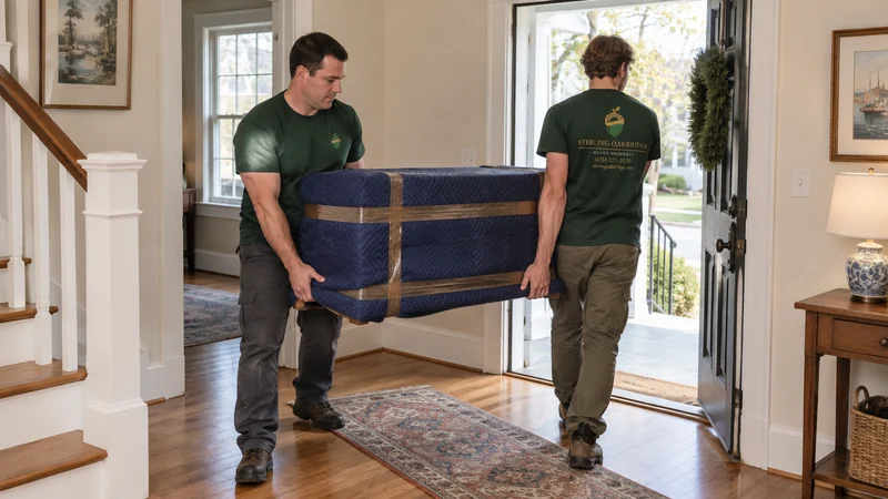 Finish the route to the room Two movers making the final threshold carry of a protected compact dresser