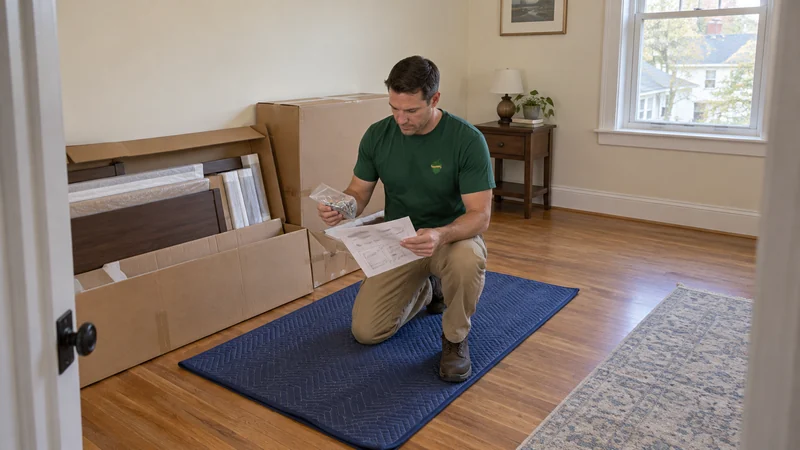 Plan the work inside the factory cartons A mover checking a new bed hardware packet against its assembly instructions