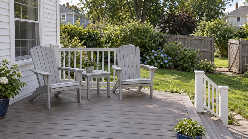 Include the deck and gate in the request Outdoor chairs and a side table placed on a deck with a clear receiving route