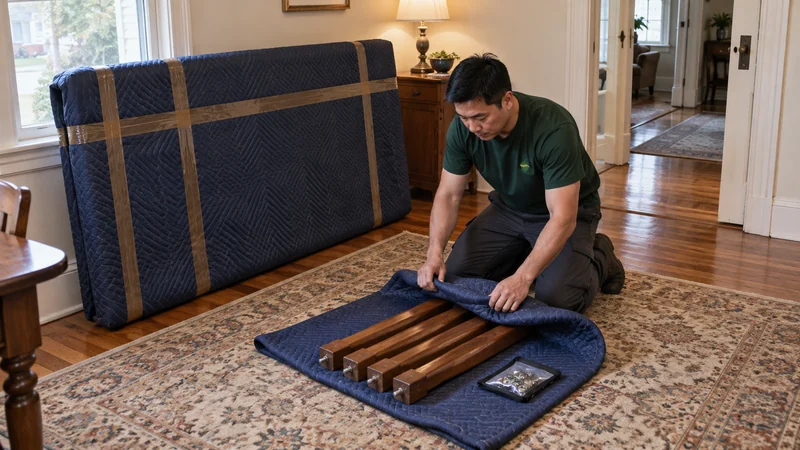 Plan dismantling before collecting a large table A mover wrapping four detached table legs together beside the protected tabletop