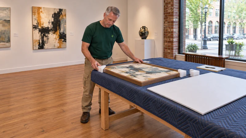 Plan protection for the actual artwork A mover adding protective corner padding to a framed gallery purchase