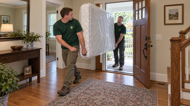 Include the final carry in a bed delivery Two movers bringing a protected mattress through an open porch entrance