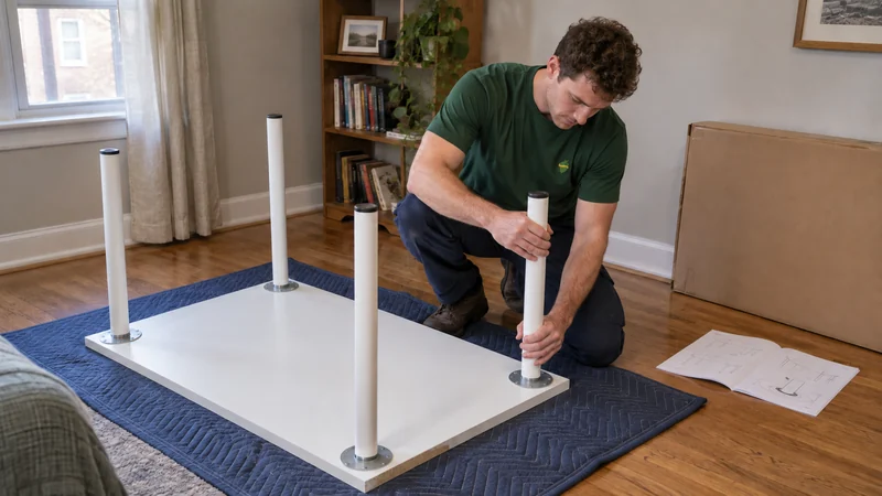 Review the model and first assembly work A mover fitting the last screw-in leg to a new desk on a protective floor pad