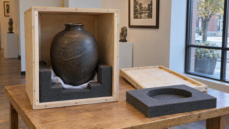 Review packing for fragile art objects An art vessel supported by protective foam inside an open transport crate