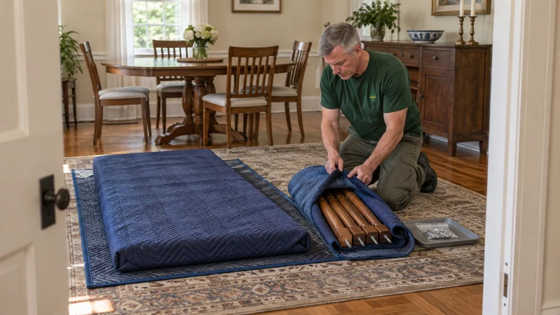 Include reassembly after the carry A mover opening a common protected leg bundle beside a separately protected tabletop before reassembly