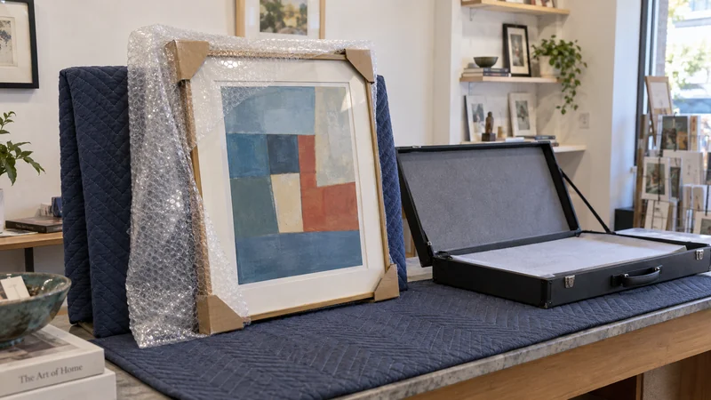 Review gallery release and protection A framed artwork with fitted corner protection and a bubble-sheet sleeve before collection