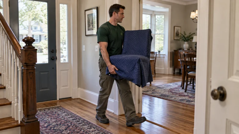 Include the last carry to the room A mover bringing one protected chair across an open receiving threshold