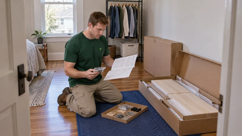 Plan the first assembly of boxed furniture A mover checking hardware and instructions before assembling newly delivered storage furniture