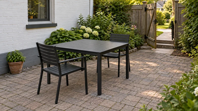 Show the outdoor receiving route Outdoor dining furniture placed on a patio with a clear gate and steps