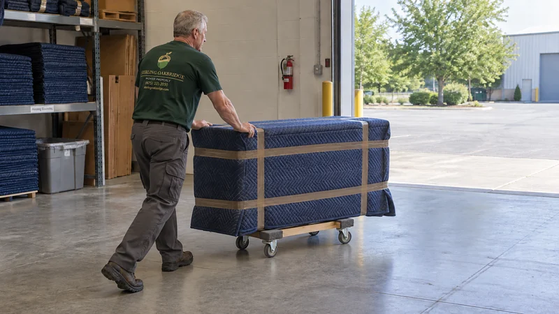 Match handling to the collection route A mover rolling a protected compact cabinet on a correctly proportioned wooden furniture dolly