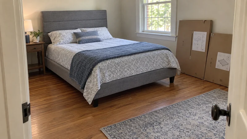 Include the first assembly and placement A newly assembled upholstered bed placed in a room with a clear receiving route