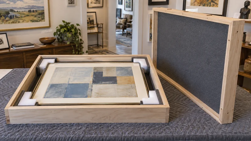 Review protection for the particular artwork A framed artwork supported in fitted corner cradles inside a custom transport crate