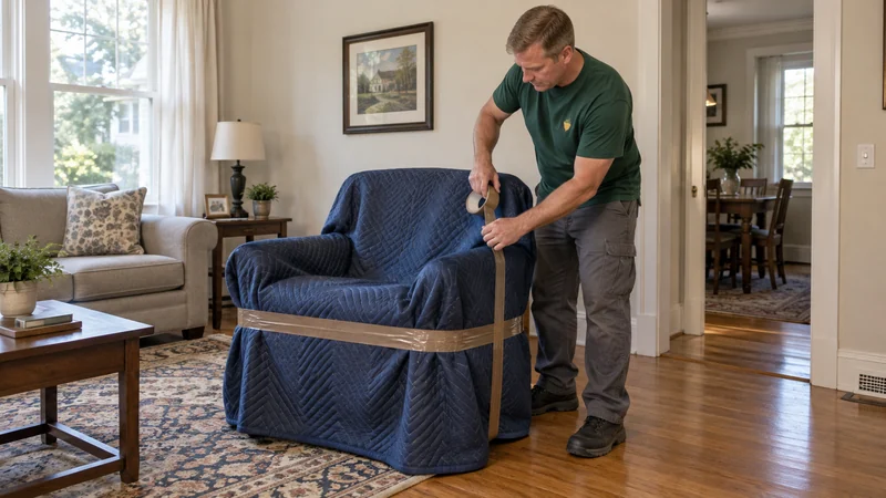 A mover securing protective blankets around an armchair before collection