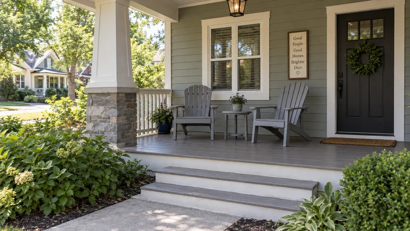 Outdoor chairs and a small table placed on a porch with a clear receiving route