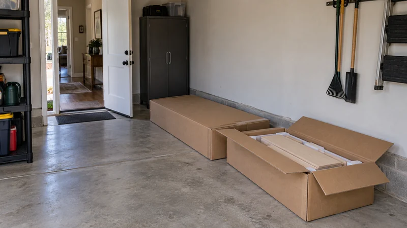 Manufacturer furniture cartons waiting in a garage before carrying to the receiving room