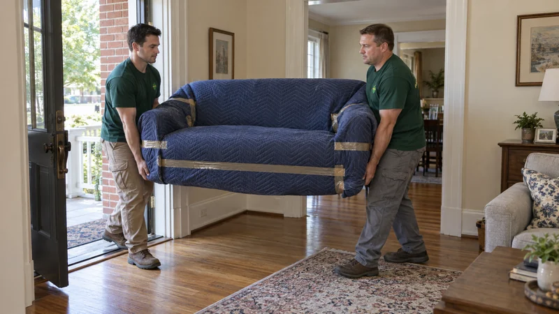 Include the last doorway and room turn Two movers carrying a protected small sofa through an open receiving doorway
